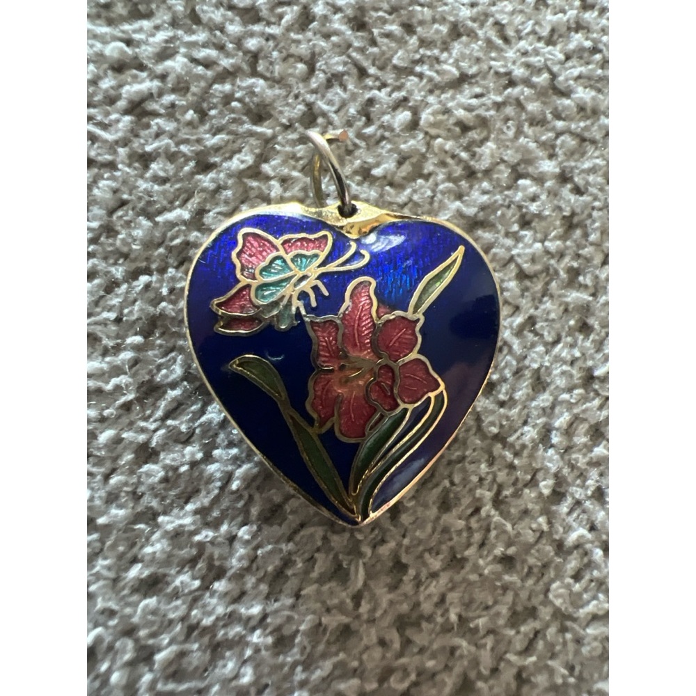 Cloisonné Blue Heart Enamel Pendant with Floral and Butterfly Design